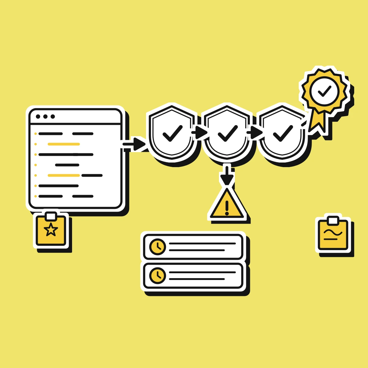 Illustration of AI-generated code passing through staged quality gates in a CI pipeline toward an approved badge