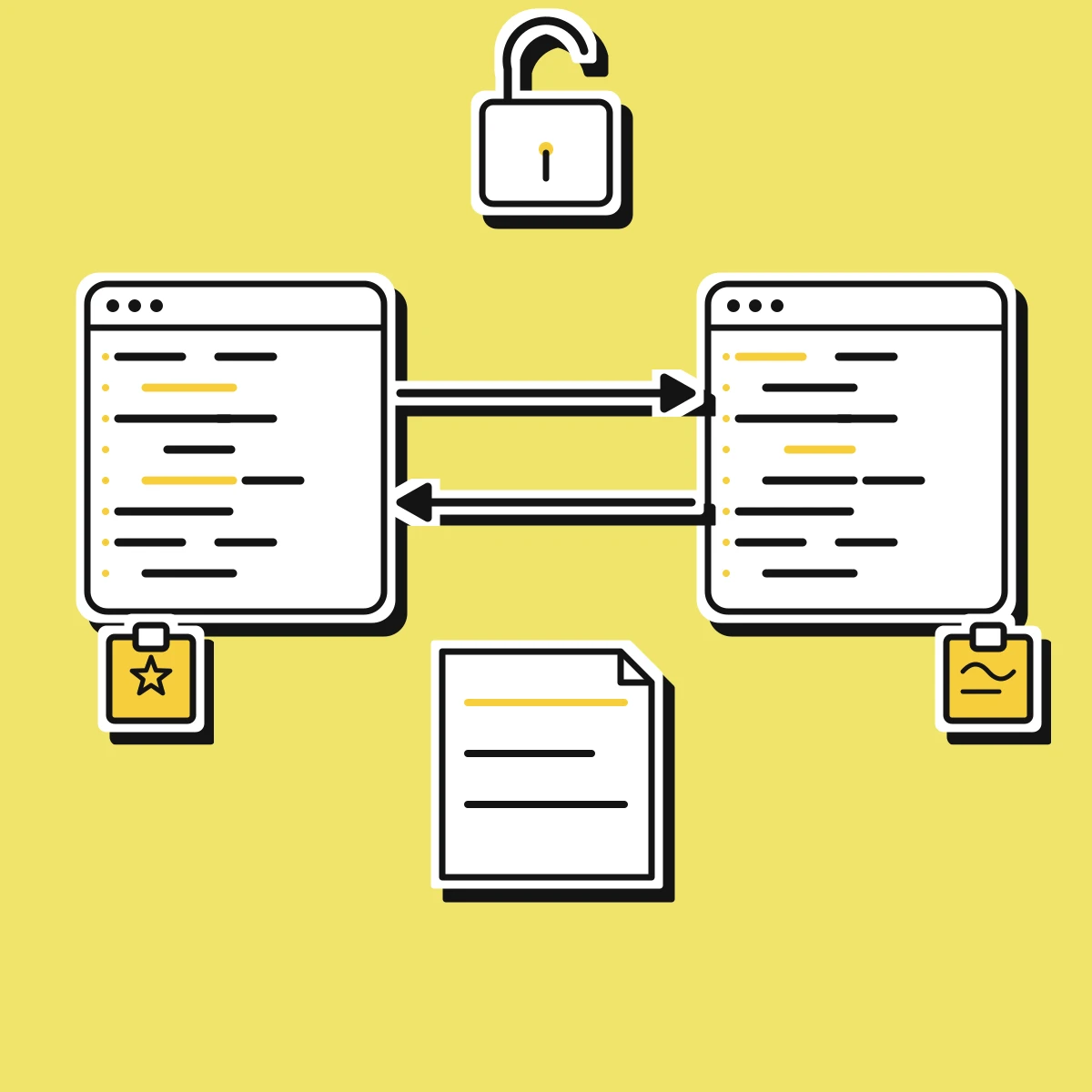 Illustration of code and configuration moving freely between two AI coding tools, with an open padlock signalling portability